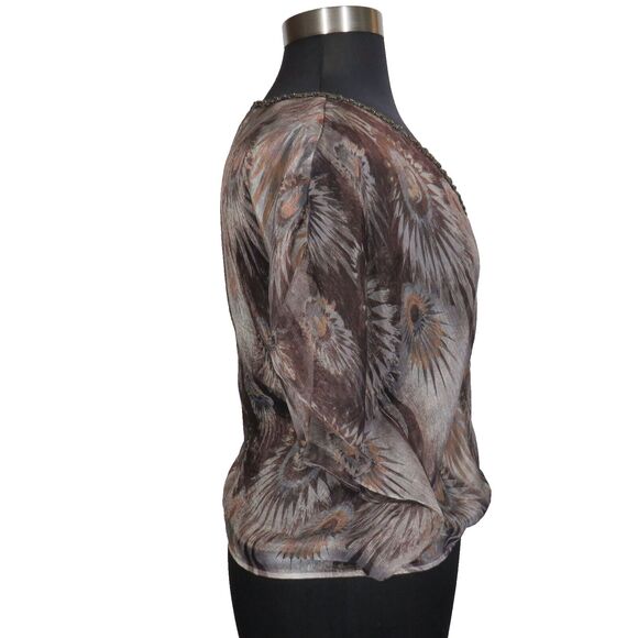 Forever 21 Sheer Feather Print Beaded Elastic Waist Flutter Sleeve Blouse Size L - Picture 5 of 8